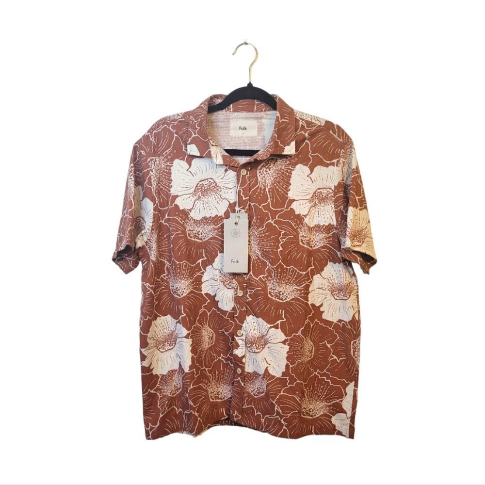 Folk Rust Floral Pattern Maui Short Sleeve Button Down Shirt